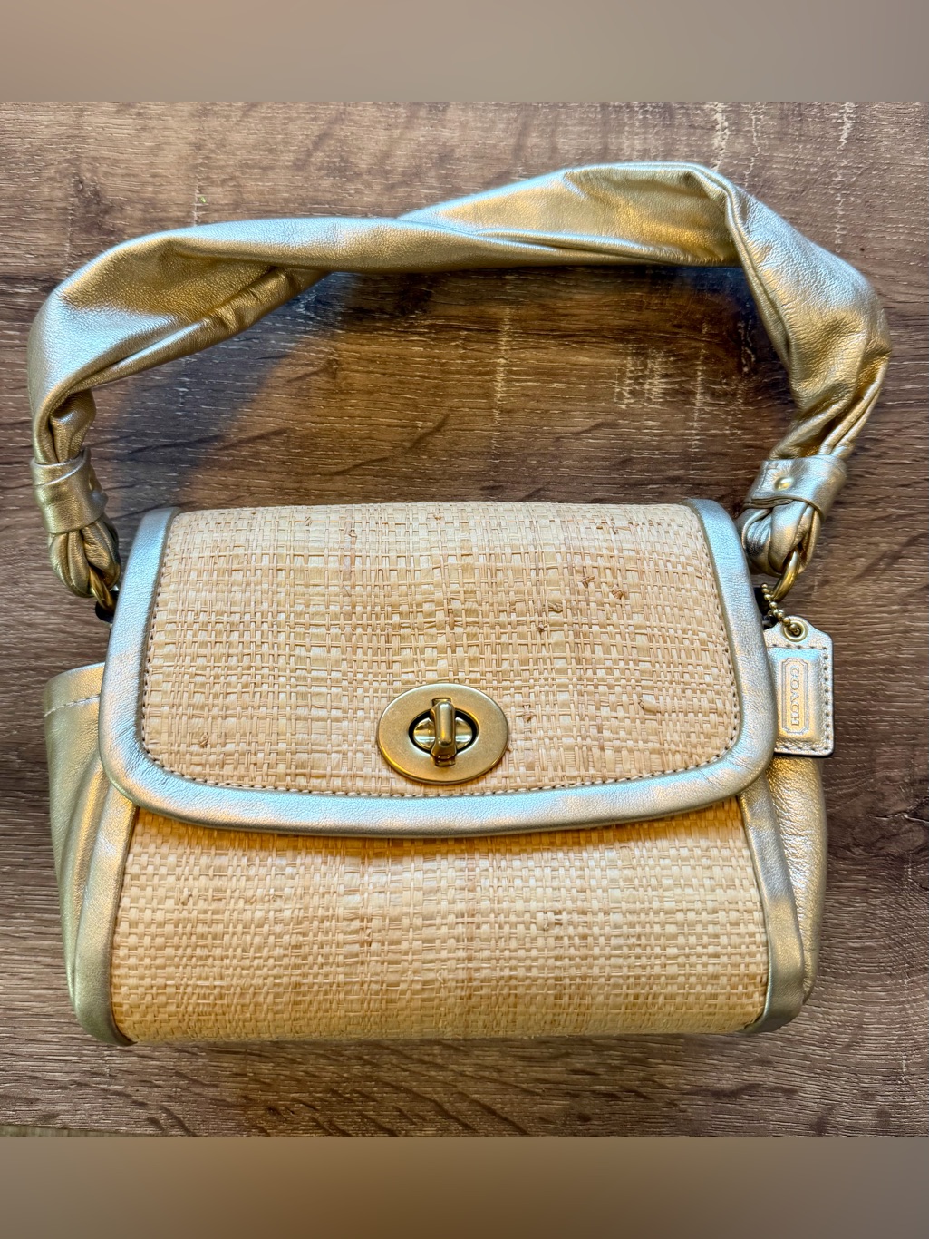 Coach Gold Leather & Natural Straw Shoulder Bag